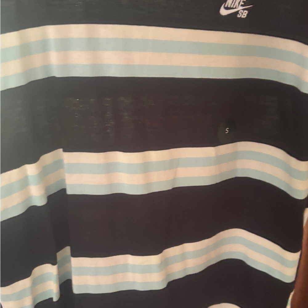 Nike SB Black and White Striped Tee with Light Blue Accents